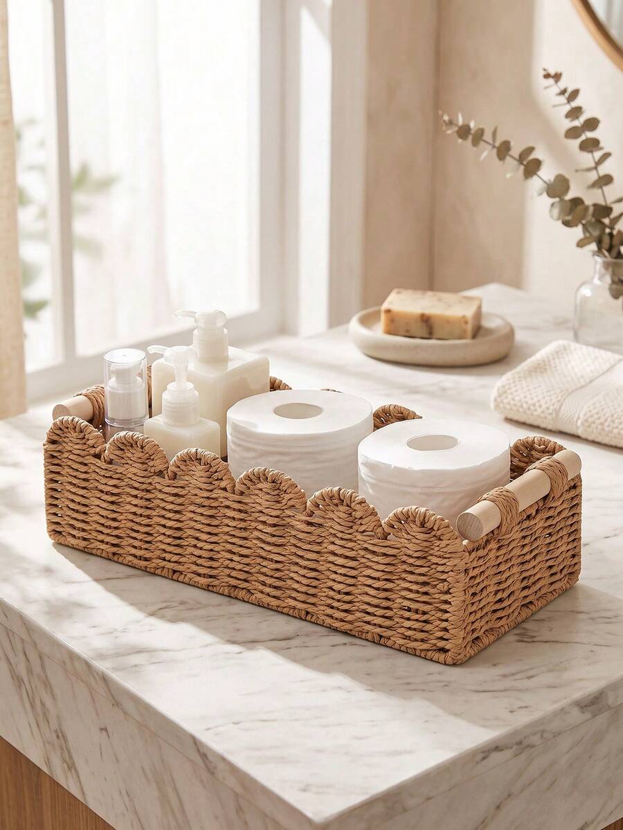 Fan-Shaped Woven Storage Basket With Handle, Rustic Bohemian Style Multi-Function Organizer Basket, Suitable For Toilet Tank, Bathroom, Bedroom, Living Room And Vanity, Ideal For Home Decor, Desktop Display, Holiday Decoration, Gift Storage, Desktop Storage And Daily Small Items