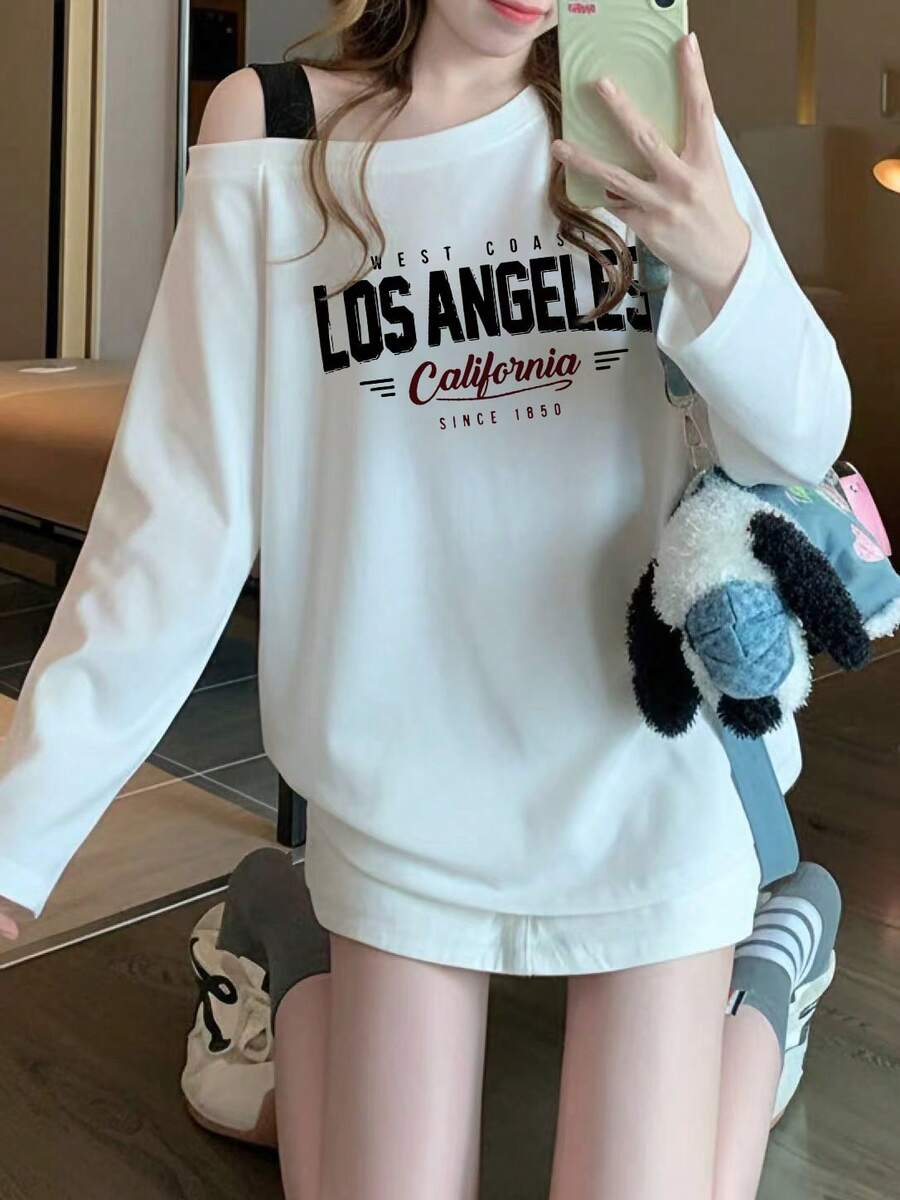 Korean Style Slouchy White Long Sleeve Top For Women, Loose Fit Round Neck Base Layer, Versatile Daily Commute Gentle T-Shirt Casual - White - View 1
