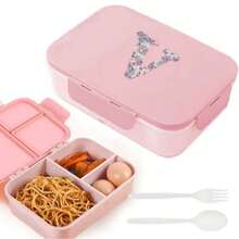 3-Compartment Travel Bento Lunch Box With Flip Lid, Leak-Proof Portable Meal Container For Outdoor Activities, Breakfast And Meal Prep, Kitchen Accessory, Camping Essential, Rose Flower With 26 Alphabet Initials Pattern - Pink - View 9