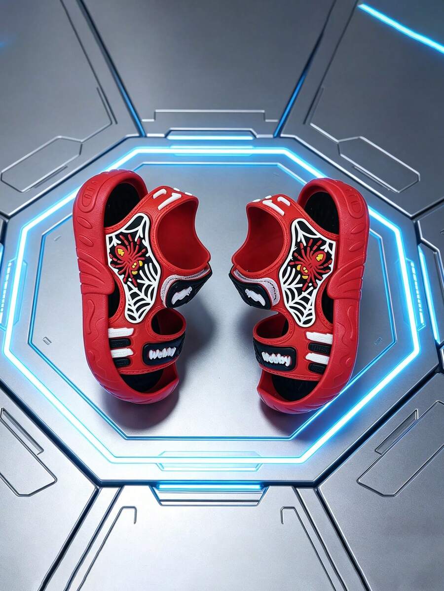 New Boys' Sports Sandals With Anti-Collision Toe, Hook And Loop Design, Spider Decoration, Suitable For School And Home Wear