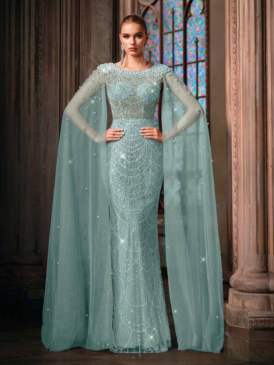 Women' Beaded Rhinestone Mermaid Evening Dress With Cape Sleeves & Mermaid Tail Train - Boat Neck Open Back Maxi Gown Suitable For Wedding, Prom, - Light Blue - View 1