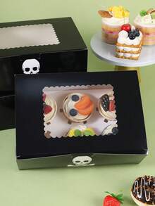 3/6/10/14/16pcs Cake Boxes With Transparent Window, Black Rectangular Baking Boxes, Skull And Crossbones Design, Foldable Storage Boxes, Suitable For Halloween Party, Birthday, Celebration, Dessert Packaging, Party Supplies - Multicolor - View 3