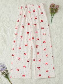 Women's Polka Dot & Bow Print Flannel Pajama Pants, Autumn/Winter - Apricot - View 6