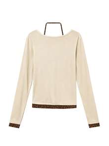Women's U-Neck Long Sleeve T-Shirt, American Hot Girl Style, Spring/Autumn New Fashion Halter Leopard Print Patchwork Button Design, Casual Versatile Slimming Fitted Crop Top - Khaki - View 4