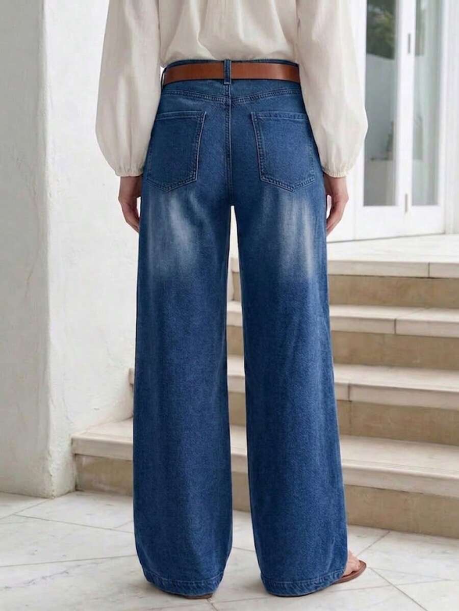New Women's Multi-Button Wide Leg Casual Jeans - High Quality Denim, Fashionable And Comfortable Spring Fall - Dark Wash - View 1