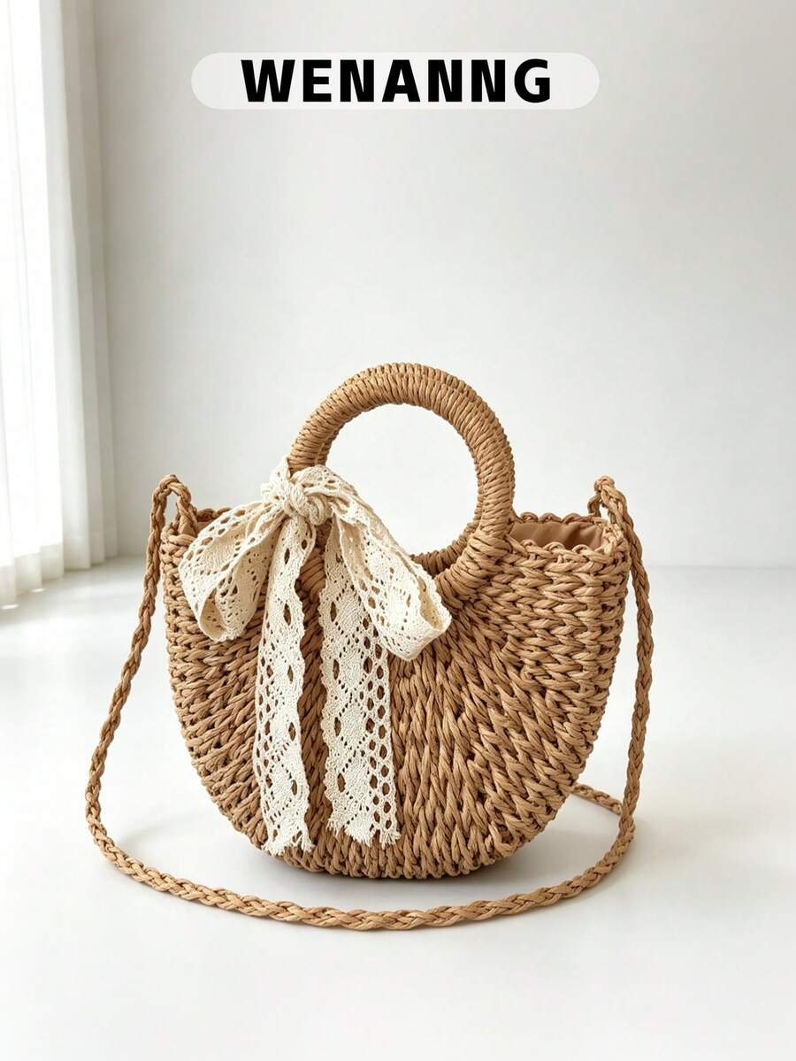 Lightweight, Portable Small Straw Bag Skinny Scarf Decor Drawstring Double Handle For Teen Girls  Perfect For School,
