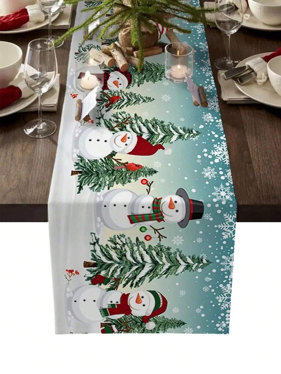 Christmas Snowman Snowflakes Xmas Tree Table Runner Holiday Party Decor Reusable Winter Xmas Kitchen Dining Table Runner Christmas Decorations - Multicolor - View 1