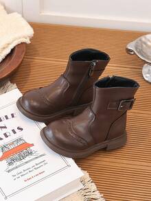 Girls' Vintage Brogue Ankle Boots, Autumn Soft Leather Buckle Side Zipper Boots, Little Girls' British Style Brown Classic Boots - Brown - View 4