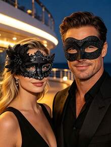 2pcs/Set Couple Masquerade Ball Mask Set, Mysterious Dance Venetian Halloween Decorative Mask With Glitter Side Flower Ball Party Halloween Props - Multicolor - View 2