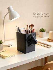 Black Luxury Dog Head Design Makeup Brush Holder, Multifunctional Desktop Makeup Tool Storage Bin, Vanity Table Organizer And Decorative Ornament - View 5