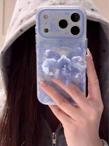 Niche Ins Style Haze Blue Lace Bowknot Kickstand Phone Case Kompatibel Dengan iPhone 17 Pro Max, New 16 Pro, 15 Pro, 17 Pelindung Anti-Jatuh Cakupan Penuh - Biru - View 3