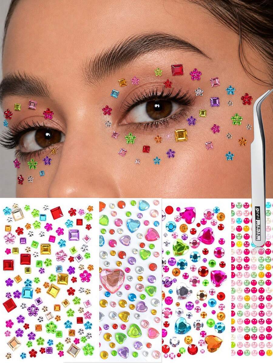 2/4 Sheets Love Square Flower Face Sticker, Stage Makeup Decal, Self-Adhesive Glue-Free Eye Makeup Rhinestone Decoration, Suitable For Holidays, Parties And Events, Nail Art Decoration, Concert Look, Create Clear Atmosphere Makeup Look - Multicolor - View 1