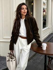 French Style Gentle Women's Slimming Fitted Top, Minimalist Versatile Commuter Layering All-Match Long Sleeve Jacket Coat - Brown - View 4