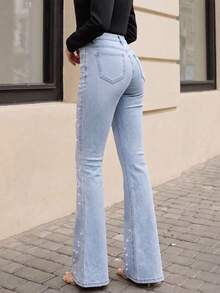 Celana Jeans Wanita Model Flare Pinggang Tinggi Warna Biru Muda dengan Hiasan Berlian Imitasi di Samping, Potongan Ramping, Menaikkan Tinggi Badan, Berkilau, Berhiaskan Berlian Imitasi, Elastis, Ketat, Panjang Hingga Lantai - Biru - View 3