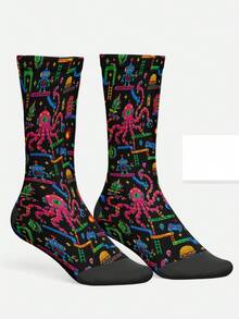 Cool 360° Printed Men's Socks - Streetwear Socks,Ixel Game,Video Game Print,Pixel Robot,Colorful,Funny Socks, Fit Daily, Holiday & Party Occasions - Multicolor - View 2
