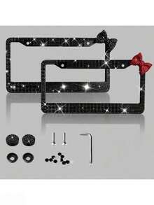 Rhinestone License Plate Frame With Bow – Bling Crystal Car Tag Holder For US Standard Plates, Includes Screws & Caps, Girly Auto Accessory - A - View 8