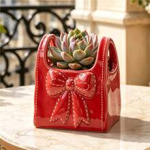 1pc Girly Style Handbag Shaped Flower Pot With Bow, Exquisite Embossed Design, Vanity Decor, Rental Home Soft Furnishing, Best Friend Gift, Desktop Succulent Planter Container - Handbag Planter - View 9