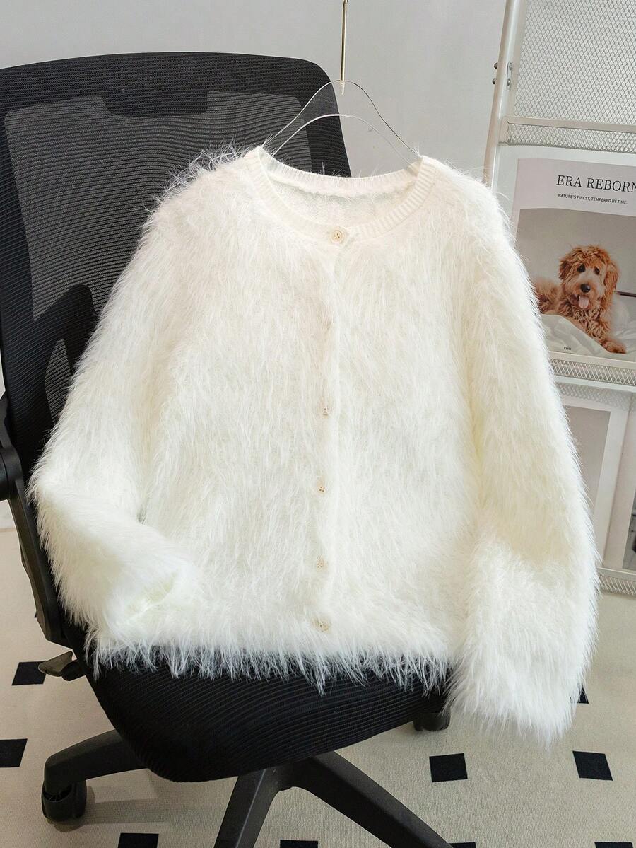 Cardigan Rajut Lengan Panjang Leher Bulat Manis untuk Anak Perempuan, Jaket Bertekstur Lembut dengan Kancing Depan, Gaya Sederhana dan Serbaguna untuk Pakaian Kasual Sehari-hari di Kampus, Musim Semi, Musim Gugur, dan Musim Dingin. - Putih - View 1