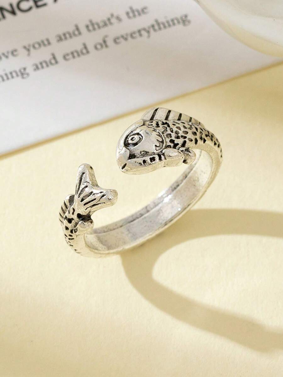 1pc Vintage Koi Fish Ring, Jumping Carp Personalized Minimalist Distressed Adjustable Finger Ring - Antique Silver - View 1