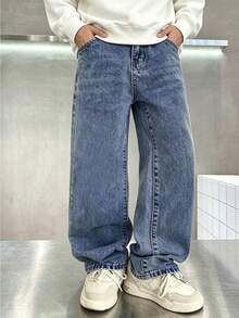 Teen Boys Fashion Casual Y2K Retro Cool Blue Denim Loose Comfortable Straight Leg Jeans - Blue - View 1