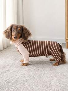 1pc Classic Striped Dachshund Pajamas, Adjustable Neck And Back Drawstring, Soft High Elasticity Warm Dachshund , Anti-Shedding Sleepwear, Suitable For Dackel Teckel Dogs And Wiener Dogs - Khaki - View 6