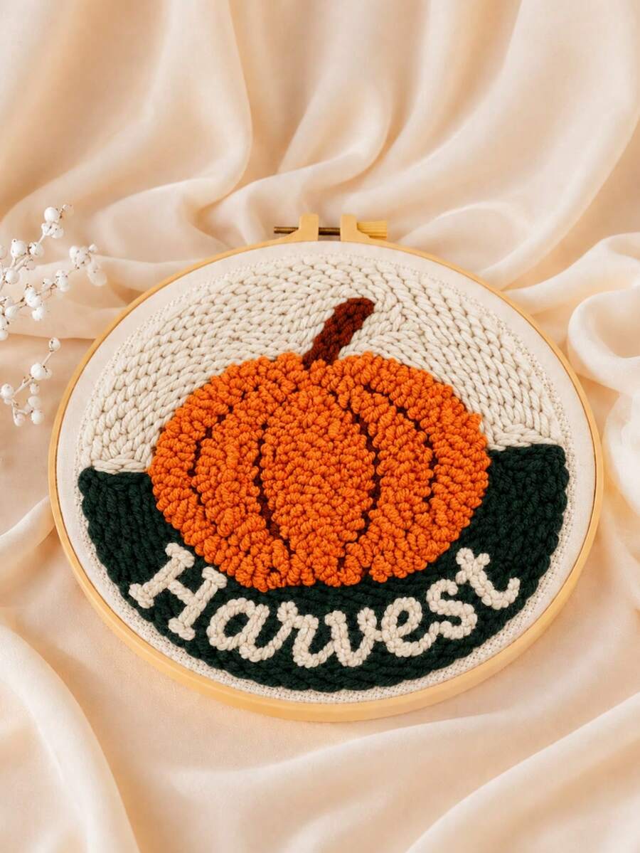 Customized Halloween Pumpkin Embroidery Hoop, DIY Punch Needle Embroidery Kit, Customized Text Yarn Art Handmade, Hand-Stitched Decoration, Personalized Autumn Wall Decor, Party Decoration, Creative Gift, Create Your Own Punch Needle Embroidery Work - Multicolor - View 1