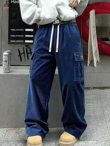 Men's New Casual Cargo Pants, Loose Straight Leg Design, Adjustable Drawstring Waist, Side Pockets, Suitable For Streetwear And Outdoor Activities, Corduroy Fabric - Light Grey - View 6