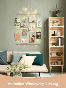 Wooden Hanging Photo Display Frame With Wooden Clips, Wall-Mounted Photo Collage Storage Rack, Bohemian Style Home Wall Decor Photo Holder, Without LED Lights - Sets - View 5
