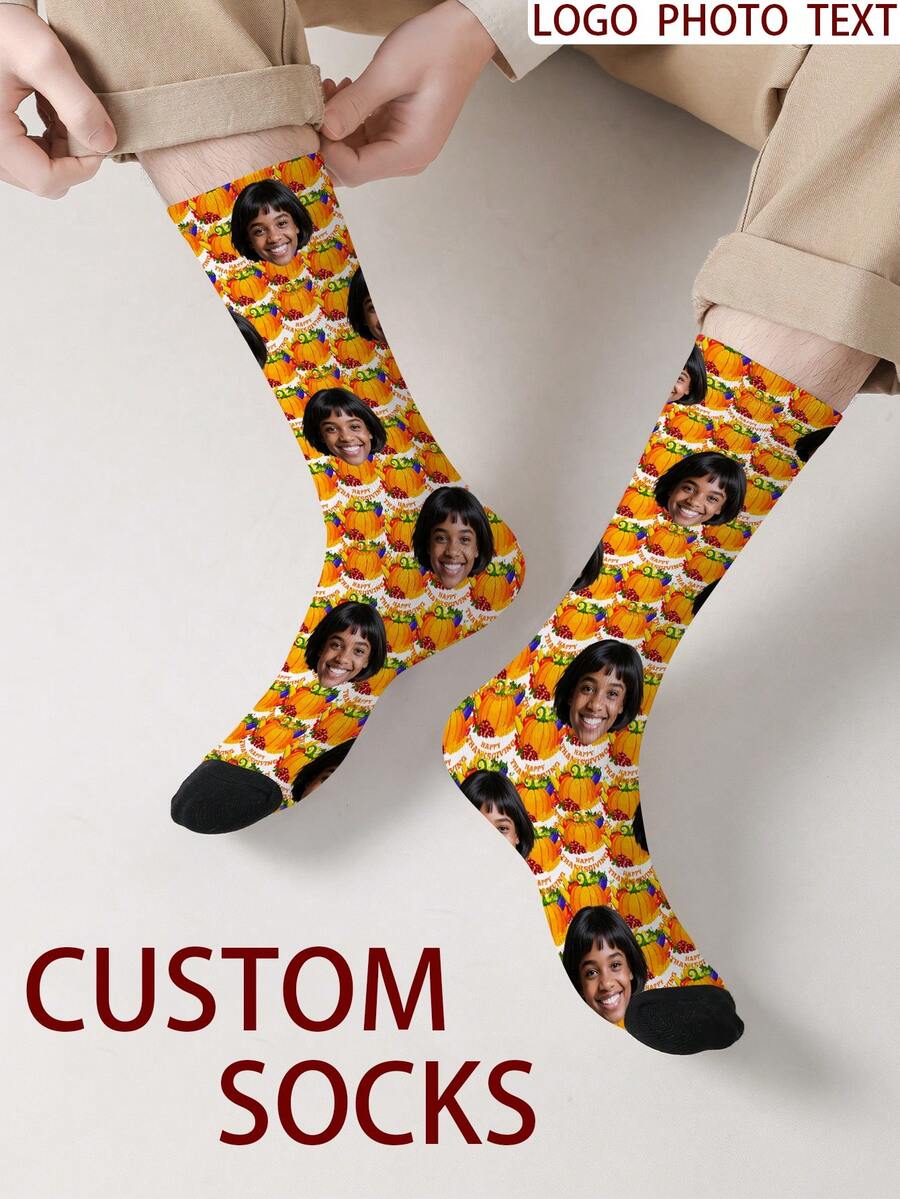 1 Pair Customizable Men's Mid-Calf Socks With Personalized Face Pattern, Any Face Can Be Printed On Socks, Personalized Photo Socks, Fun Custom Image Mid-Calf Socks, Suitable For Valentine's Day, Birthday, Gift Giving, Thanksgiving And Other Occasions, Personalized Customization