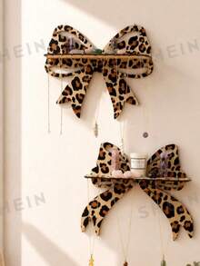 1pc Leopard Print Bow Wall Hanging Rack, Wooden Crystal Display Stand With Hooks, Decorative Hanging Jewelry Storage Rack, Suitable For Bedroom, Living Room Or Vanity, Leopard Print Design, Home Decor, Room Decor, Wall Decor Gift, Birthday Graduation Gift - Leopard Print Bow - View 2