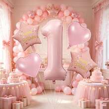 5pcs Set 40 Inch Blue Number 1, 18 Inch Blue Heart And Blue Happy Birthday Printed Star Foil Balloons For 1st Birthday Party Decoration - Pink - View 2