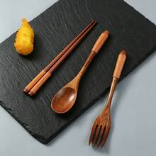 3pcs Wooden Flatware Set,Wooden Convenient Tableware Spoon Chopsticks And Fork,Kitchen,Christmas Gift,School Supplies - Brown - View 6