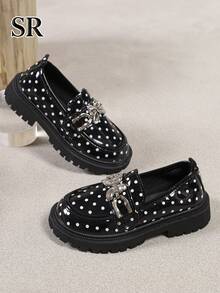 1 Pair Cute Metal Bow Decor Girls' Loafers, Fashionable Versatile Slip-On Shoes, Suitable For School Activities, Campus Essential - Black - View 5