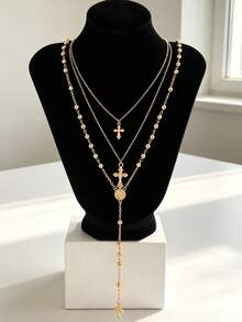 3pcs Y-Shaped Necklace Layering Set, Fashion Minimalist Elegant Exquisite Vintage Design Geometric Cross Bead Portrait Embossed Texture Metal Style Multi-Layer Pendant Necklace Set, Y-Shaped Necklace For Holiday Vacation Party Date Gift Daily Commute Wear Personalized - Yellow Gold - View 3