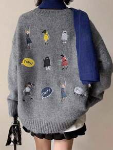 Loose Slouchy Thick Pullover Embroidered Sweater For Women Winter - Grey - View 1