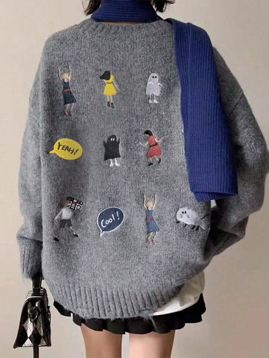 Loose Slouchy Thick Pullover Embroidered Sweater For Women Winter - Grey - View 1