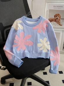 Girls' Sweet Colorblock Floral Round Neck Long Sleeve Knit Sweater, Fuzzy 3D Flower Pullover, Short Casual Versatile Top For Daily Wear And School, Spring/Autumn/Winter - Blue - View 1