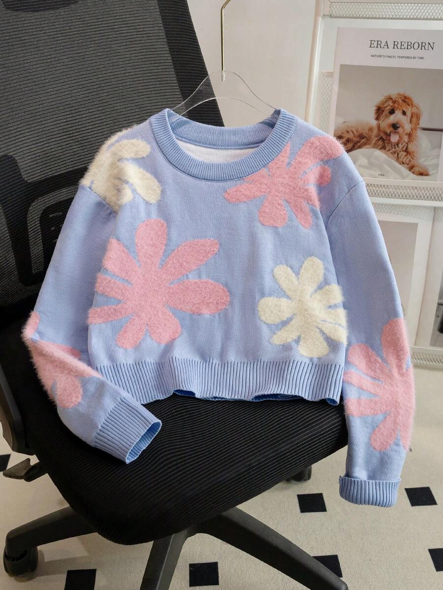 Girls' Sweet Colorblock Floral Round Neck Long Sleeve Knit Sweater, Fuzzy 3D Flower Pullover, Short Casual Versatile Top For Daily Wear And School, Spring/Autumn/Winter - Blue - View 1