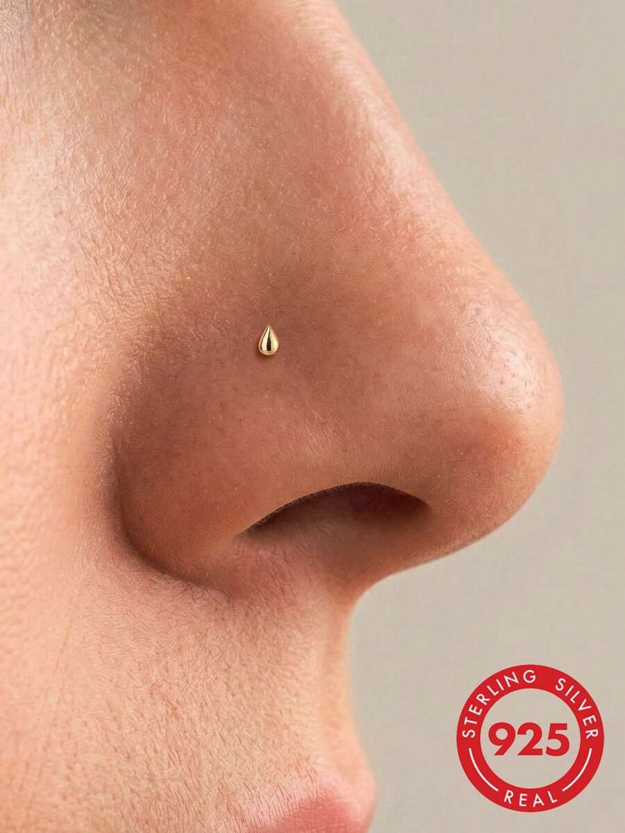 1Pc 925 Sterling Silver Classic Water Droplet Nose Stud Hypoallergenic Nostril Body Piercing Jewelry Nose Rings For Women Men Daily Wear & Gifts - Gold - View 1