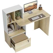 Computerbureau met boekenkast met 4 vakken en afsluitbare lade, 126 x 50 x 109 cm, eikenhout en wit - A - Bekijken 1