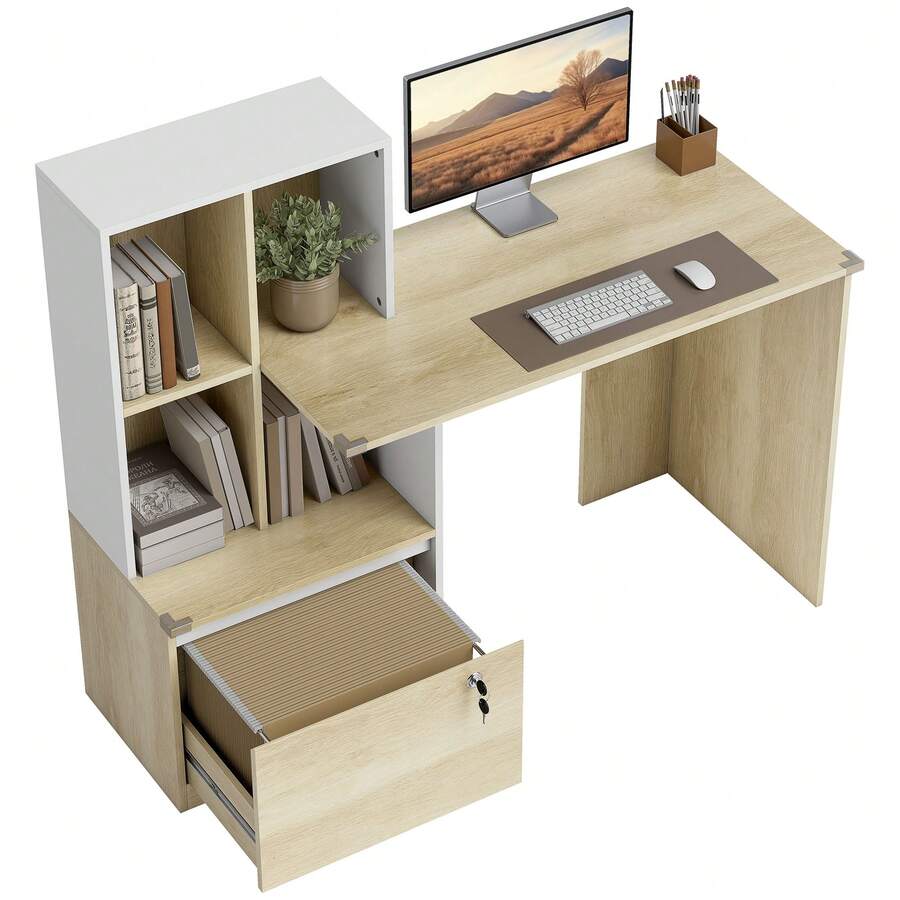 Computerbureau met boekenkast met 4 vakken en afsluitbare lade, 126 x 50 x 109 cm, eikenhout en wit - A - Bekijken 1