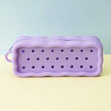 1pc Solid Color Silicone Pencil Case, Rectangular Zipper Pencil Pouch With Perforated Round Holes, Wavy Edge And Carrying Loop, Stationery Storage Bag For Desk Organization And Daily Use - Multicolor - View 11