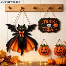 2D Flat, 4pcs/Set Wooden Hanging Signs For Doors, Windows, Fireplaces And Wall Decor, Pumpkin And Bat Decorations, Trick Or Treat Door Sign, Asymmetrical Shaped Hollow Bat - A - View 3