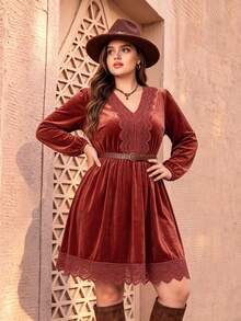 Bohemian Solid Color Velvet Casual Fashion Women's Dress, Autumn/Winter - Red - View 1