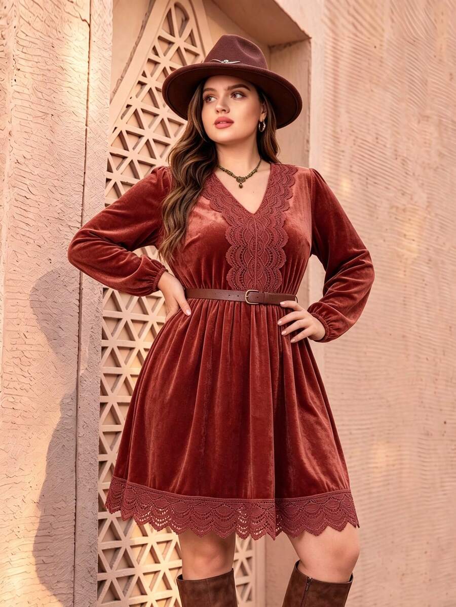 Bohemian Solid Color Velvet Casual Fashion Women's Dress, Autumn/Winter - Red - View 1