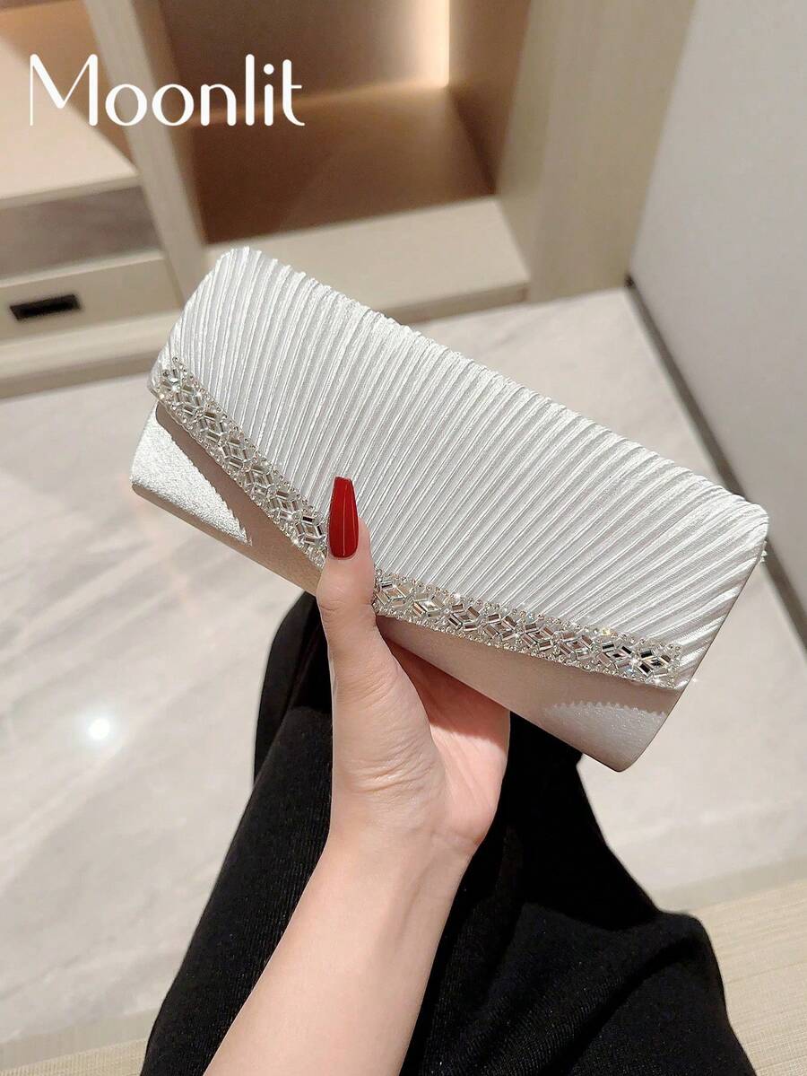 Moonlit EveBag 闪亮褶皱设计手拿包,带水钻装饰,适合晚宴、浪漫白色婚礼、缎面派对、礼服、新娘手提包、晚礼服手拿包,非常适合情人节礼物、结婚礼物、生日礼物等,必备婚礼物品,与毕业礼服、舞会礼服完美搭配 - 銀色 - 查看 1
