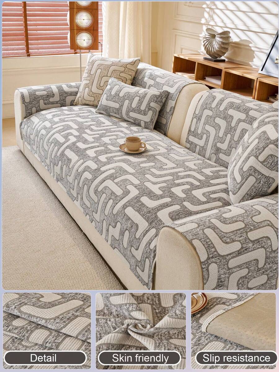 1pc Geometric Chenille Sofa Cover, Modern Minimalist Sofa Cushion, Pet-Friendly Sofa Protector, Suitable For Office, Bedroom And Living Room Home Decor, All Season Use - Grey - View 1