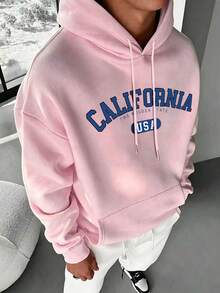 男士秋冬休閒時尚百搭日常通勤 CALIFORNIA 字母標語印花袋鼠口袋抽繩連帽衛衣 - 粉色 - 查看 1
