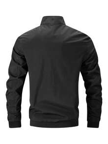 Men's Lightweight Outdoor Jacket With Stand Collar, Side Zipper Pockets, Ribbed Hem, Suitable For Spring/Autumn, Daily Wear, Sports, Travel - Black - View 3