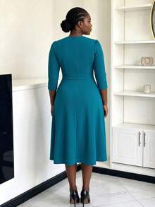 NOU Women's Mid-Length Dress, Basic V-Neck With Puffed Shoulders And 3/4 Sleeves, Large 3D Floral Decor On Chest With Pleated Design, Cinched Waist With Pearl Button Detail, Visual Slimming Effect, A-Line Skirt, Elastic Fabric For Comfortable And Unrestricted Fit, Versatile Basic Style, Suitable For Work, Commute, Office And Daily Wear - Teal Blue - View 4